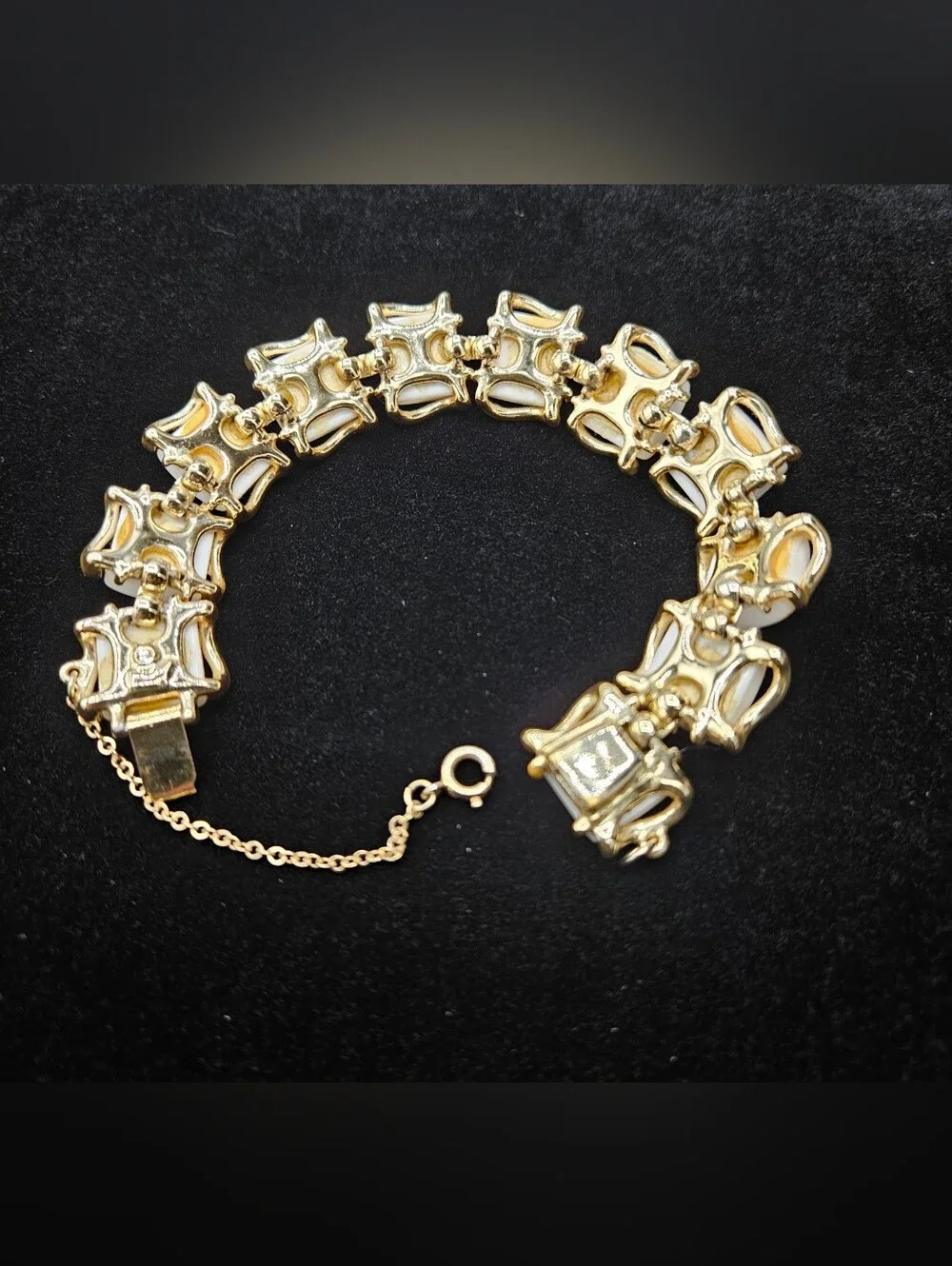 Vintage Coro gold Chunky White Glass Bracelet. Late 70’s Has a Safety Chain mid-
